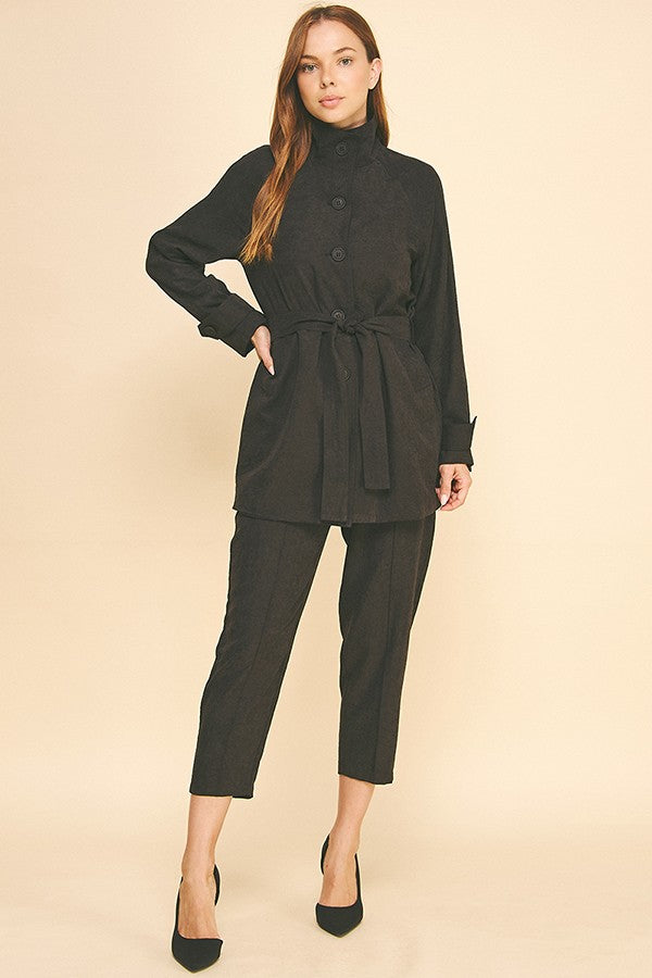 Sueded Satin Belted Funnel Neck Walker Coat Jacket