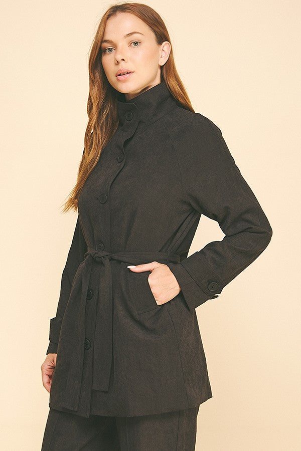 Sueded Satin Belted Funnel Neck Walker Coat Jacket