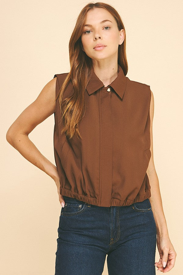 Twill Sleeveless Elastic Hem Blouson Vest Jacket