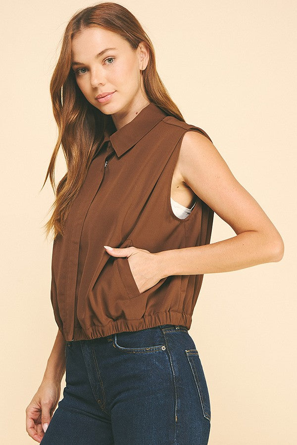 Twill Sleeveless Elastic Hem Blouson Vest Jacket