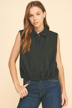 Twill Sleeveless Elastic Hem Blouson Vest Jacket