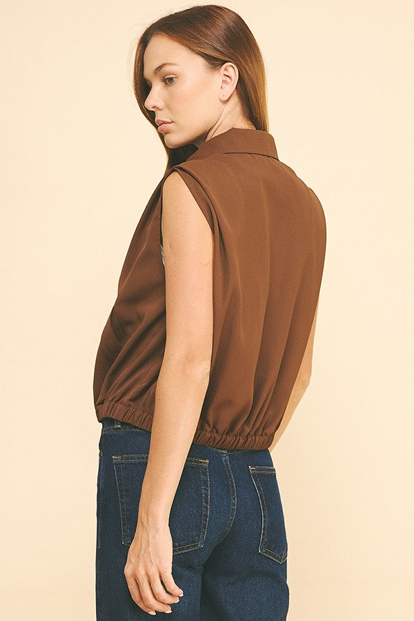 Twill Sleeveless Elastic Hem Blouson Vest Jacket