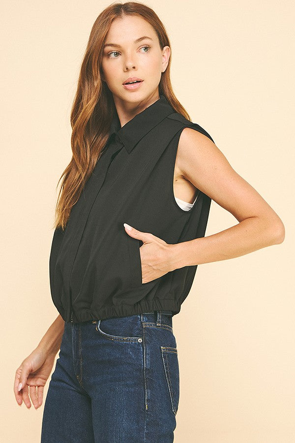 Twill Sleeveless Elastic Hem Blouson Vest Jacket