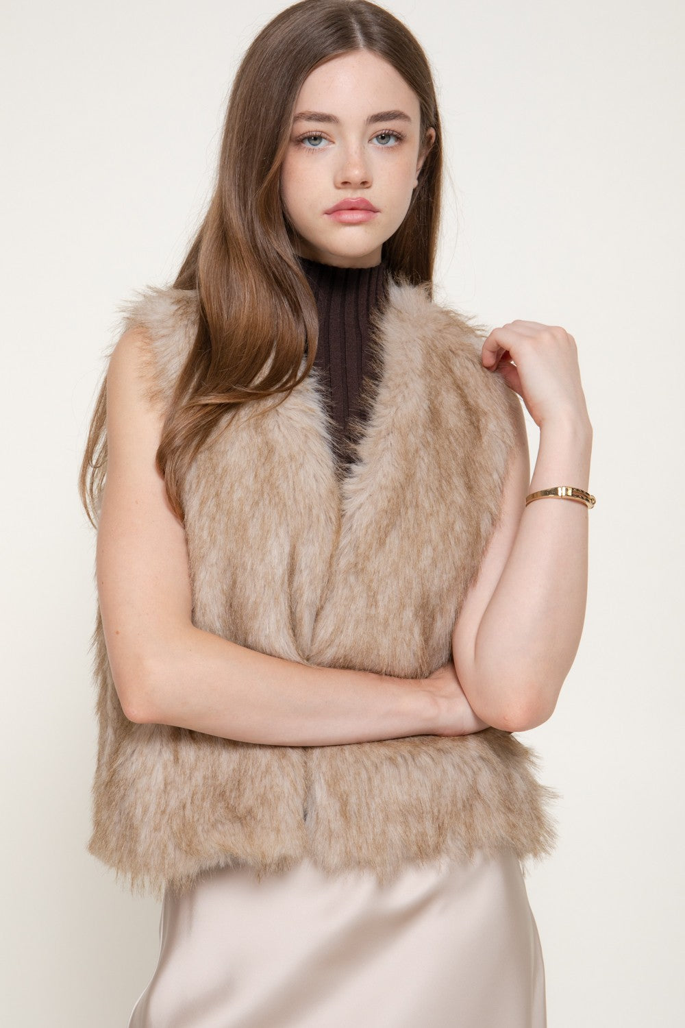 V-neck Two Tone Faux Fur Vest