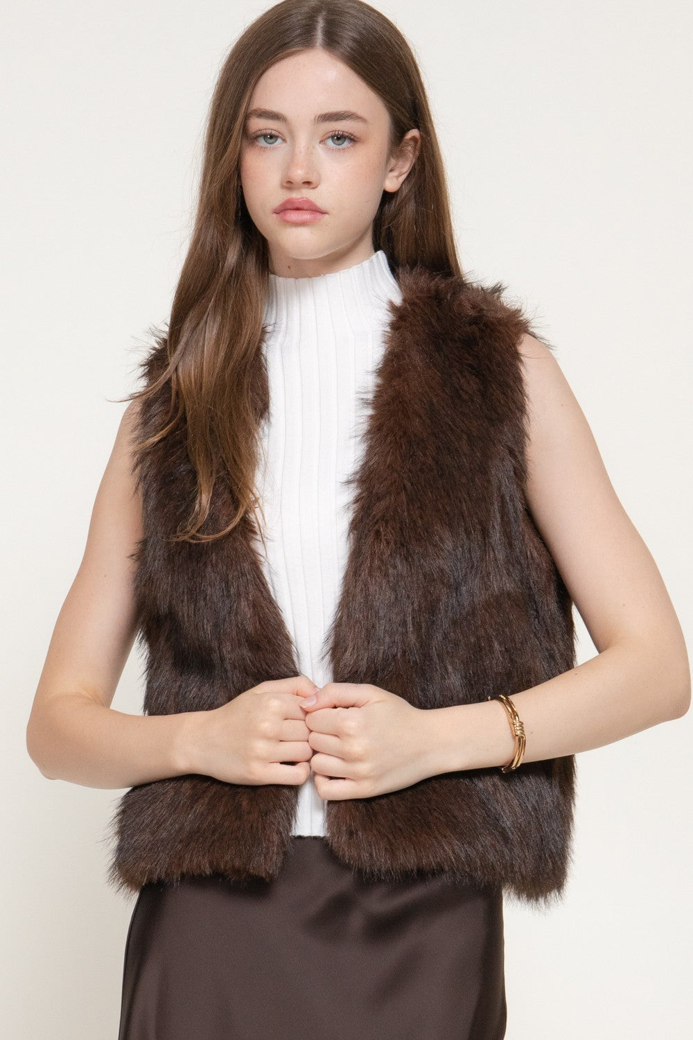 V-neck Two Tone Faux Fur Vest