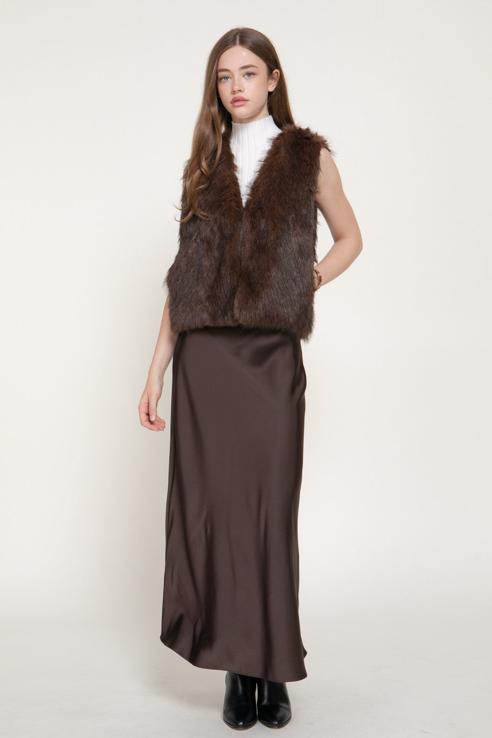 V-neck Two Tone Faux Fur Vest