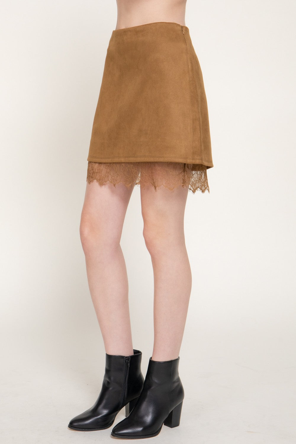 Faux Suede Lace Trim Mini Skirt