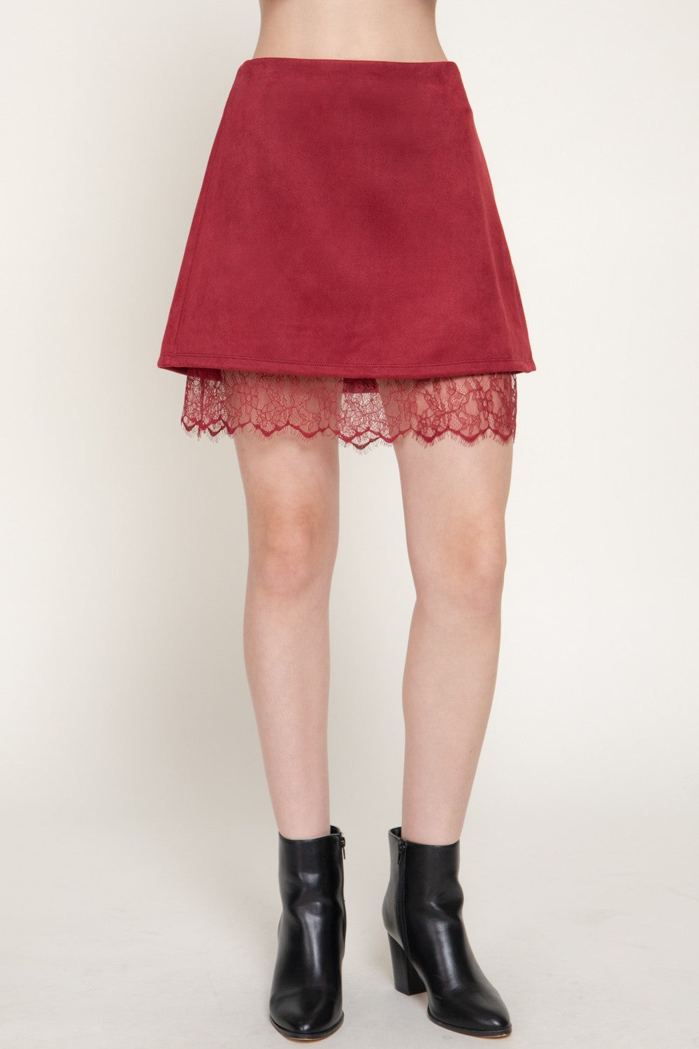 Faux Suede Lace Trim Mini Skirt