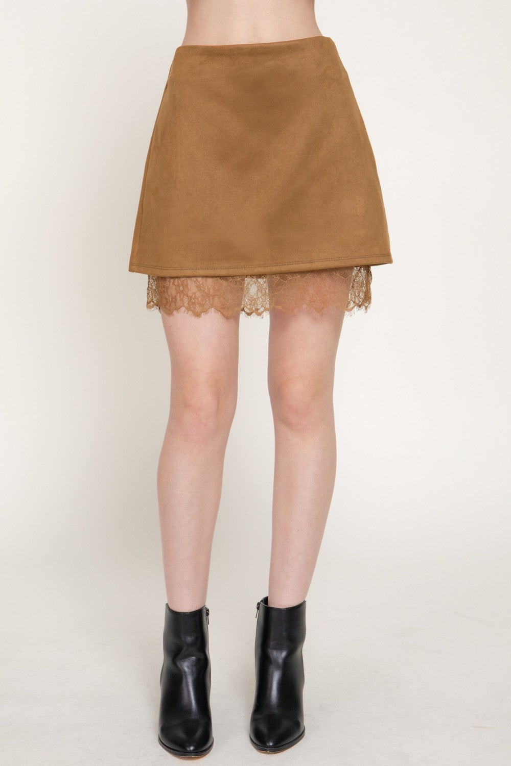 Faux Suede Lace Trim Mini Skirt