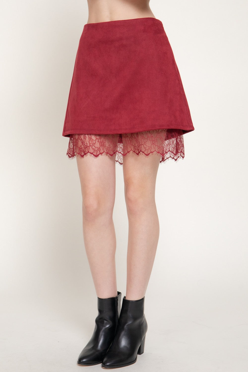 Faux Suede Lace Trim Mini Skirt