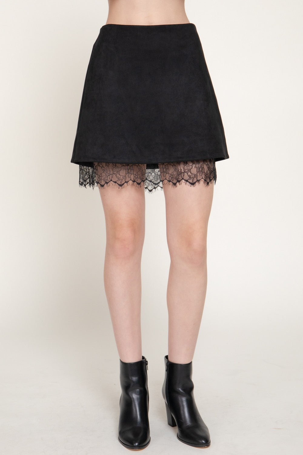 Faux Suede Lace Trim Mini Skirt