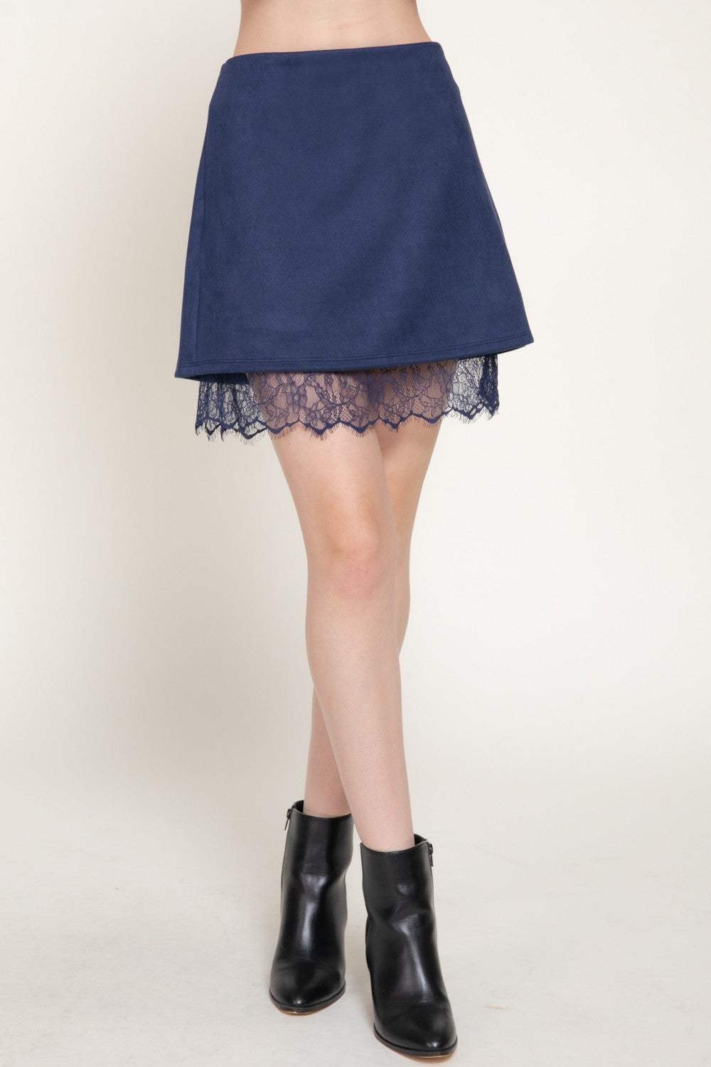 Faux Suede Lace Trim Mini Skirt