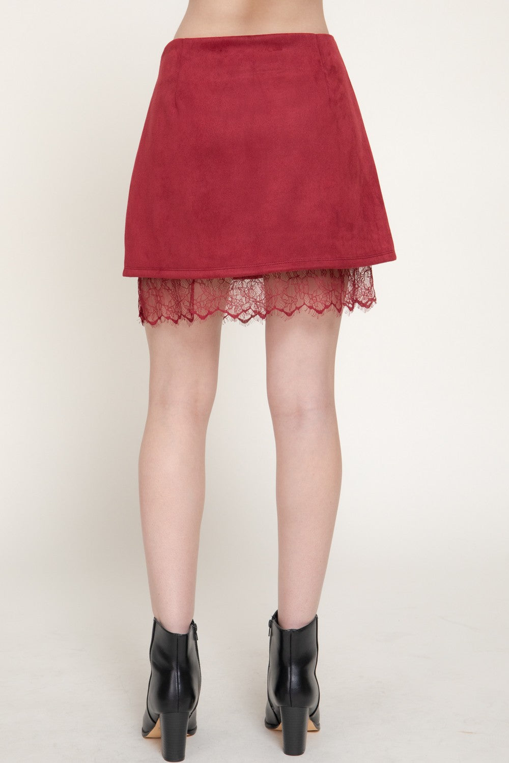 Faux Suede Lace Trim Mini Skirt