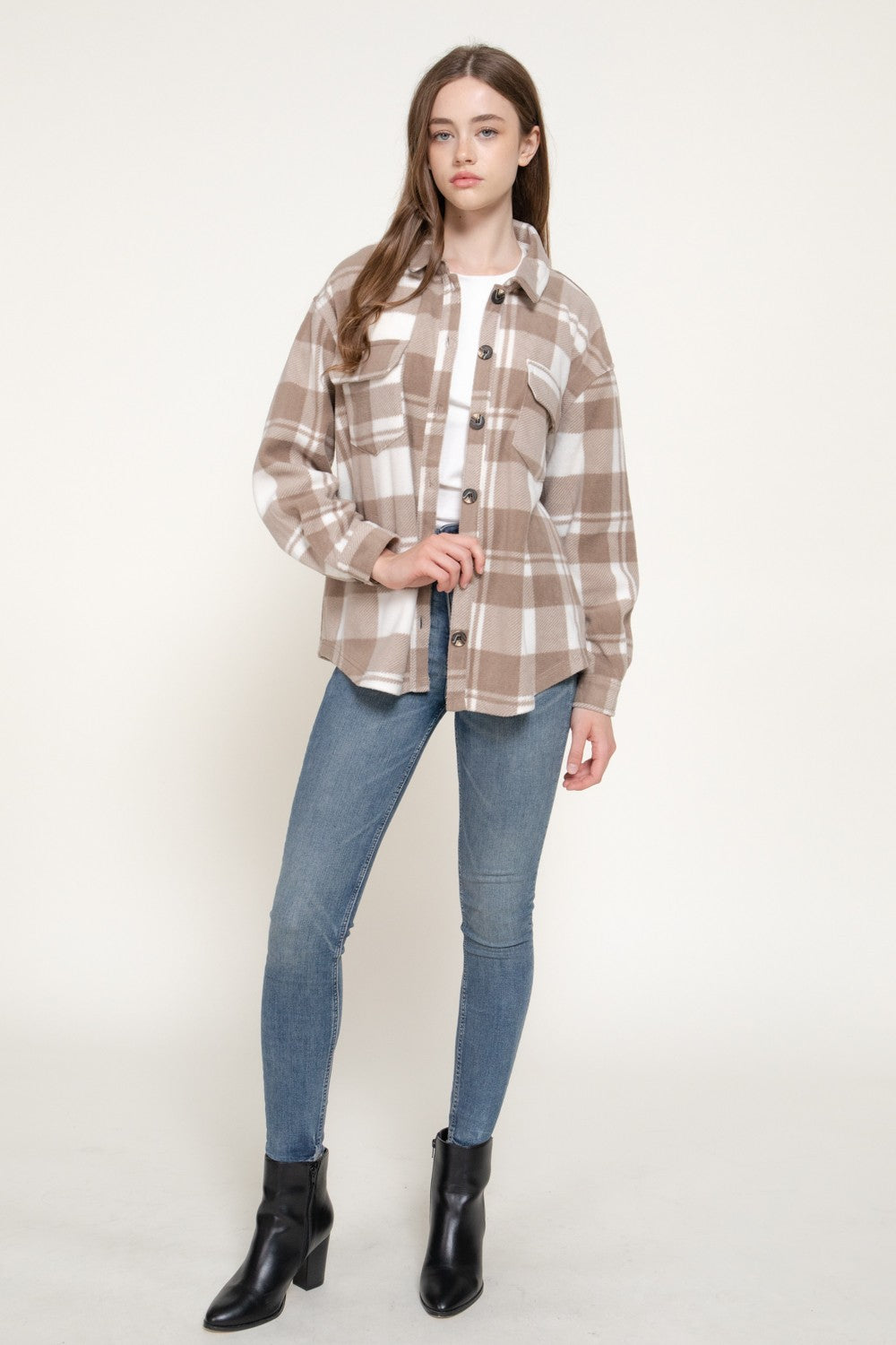 Long Slv Check Printed Fleece Shacket