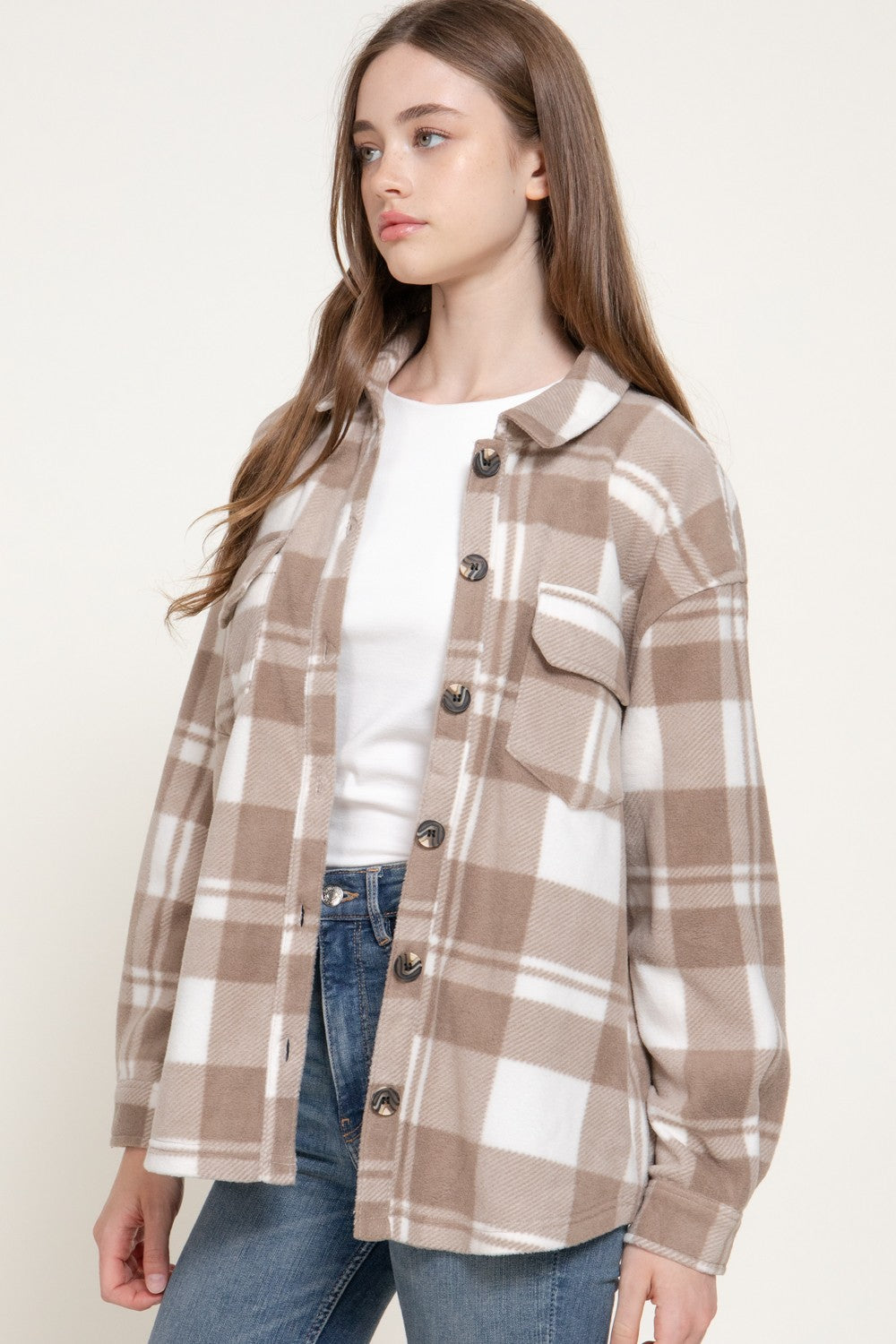Long Slv Check Printed Fleece Shacket