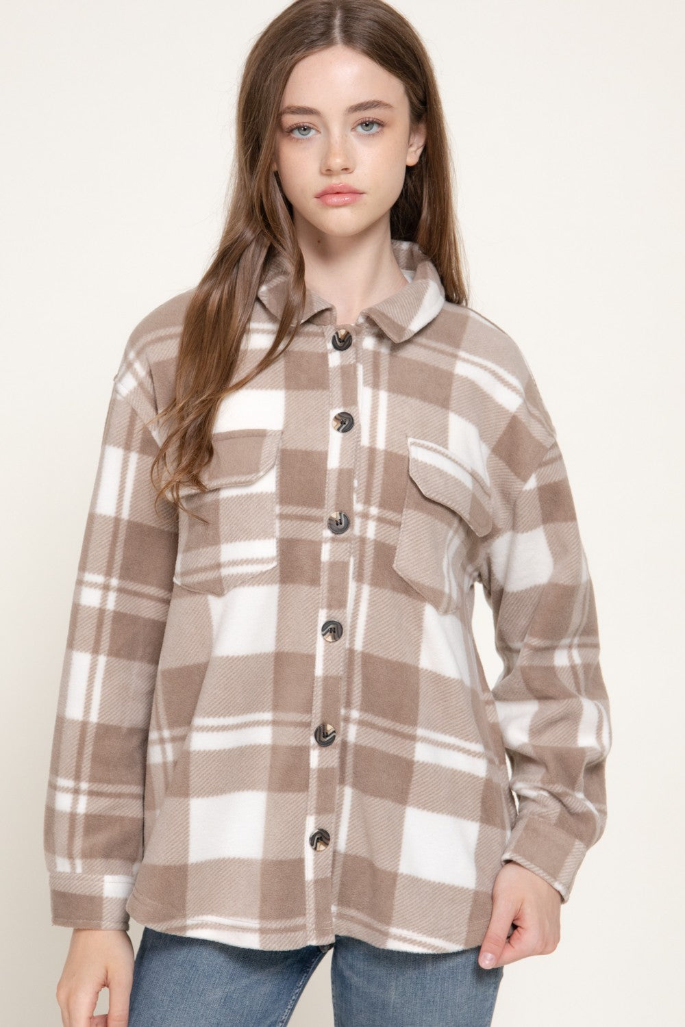 Long Slv Check Printed Fleece Shacket