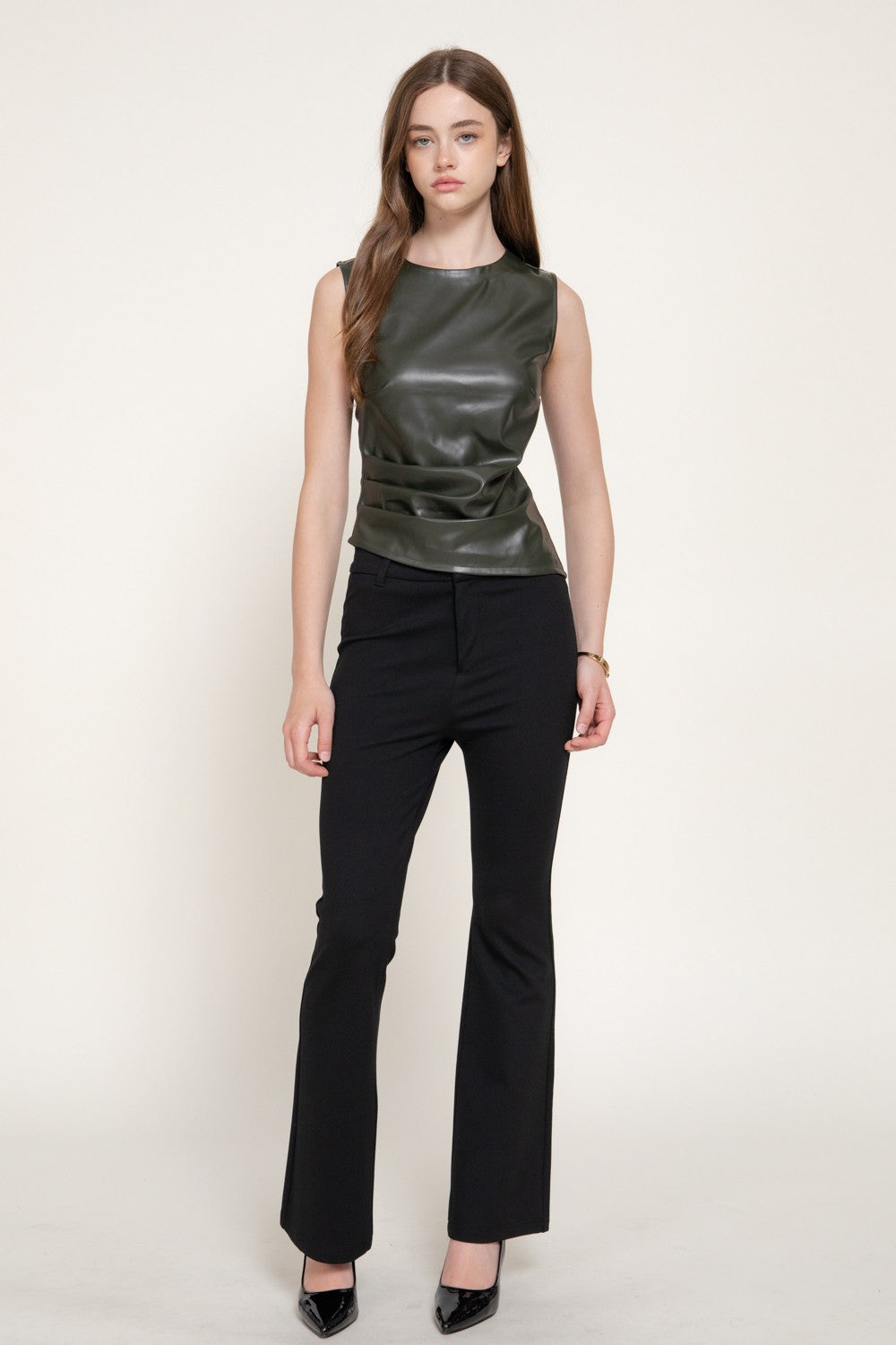 Sleeveless Pleated Faux Leather Top