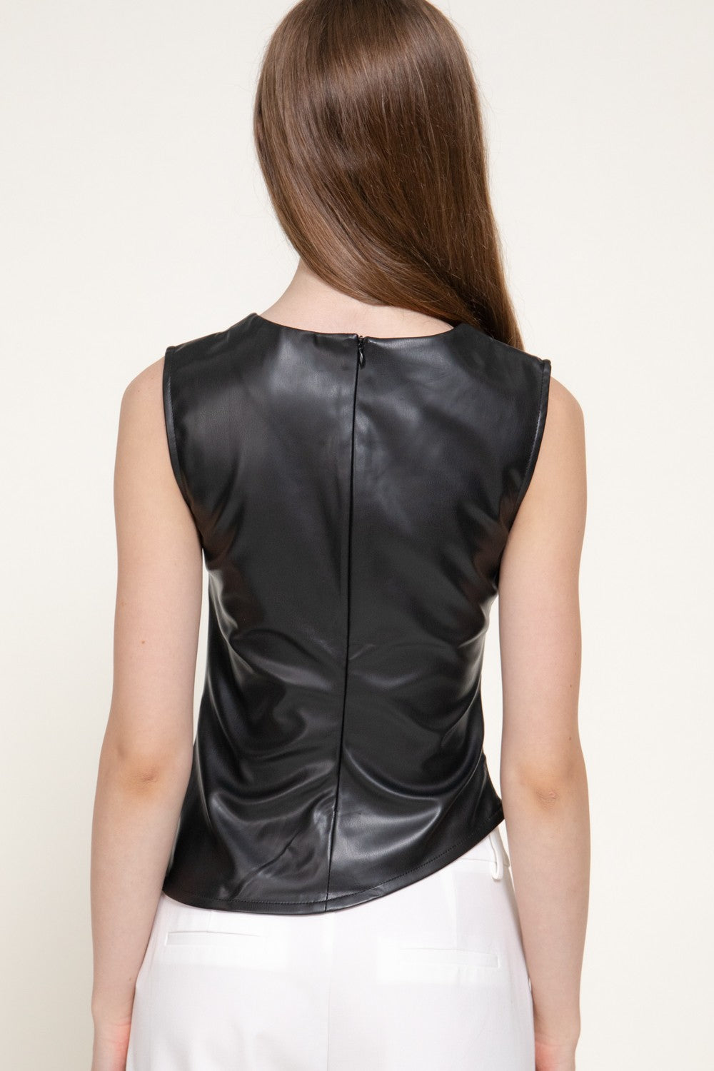 Sleeveless Pleated Faux Leather Top
