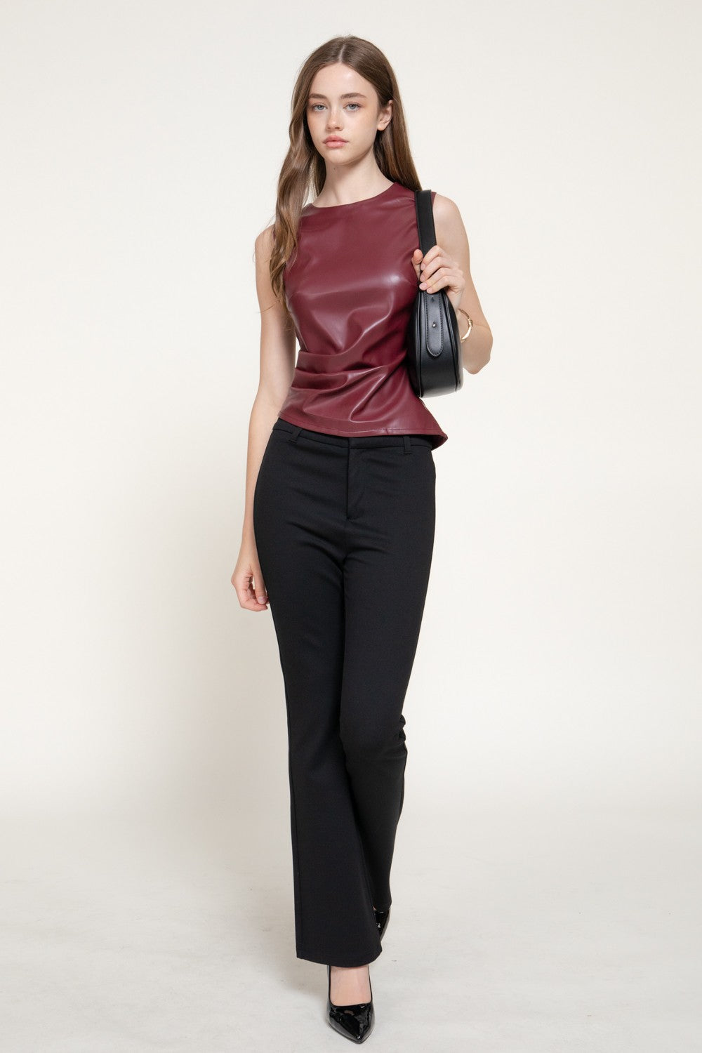 Sleeveless Pleated Faux Leather Top