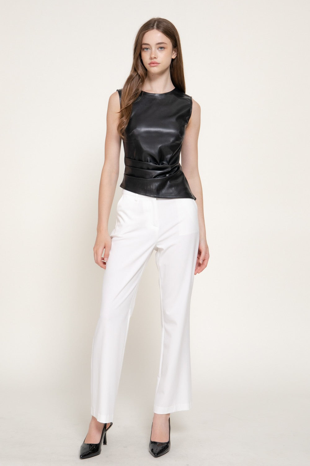 Sleeveless Pleated Faux Leather Top