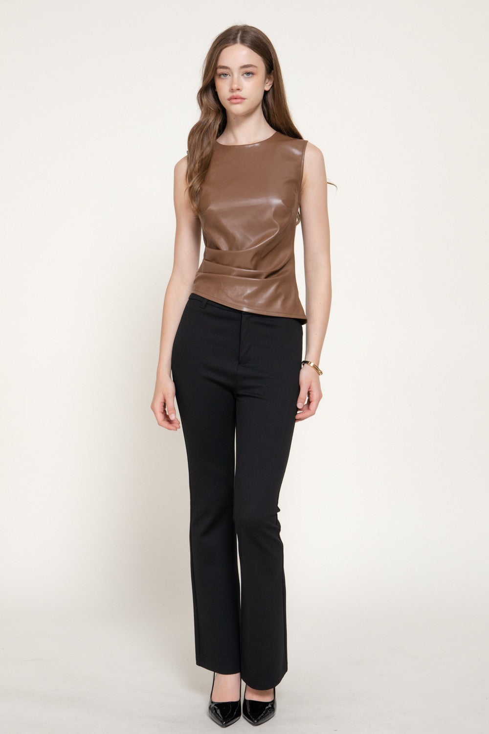Sleeveless Pleated Faux Leather Top