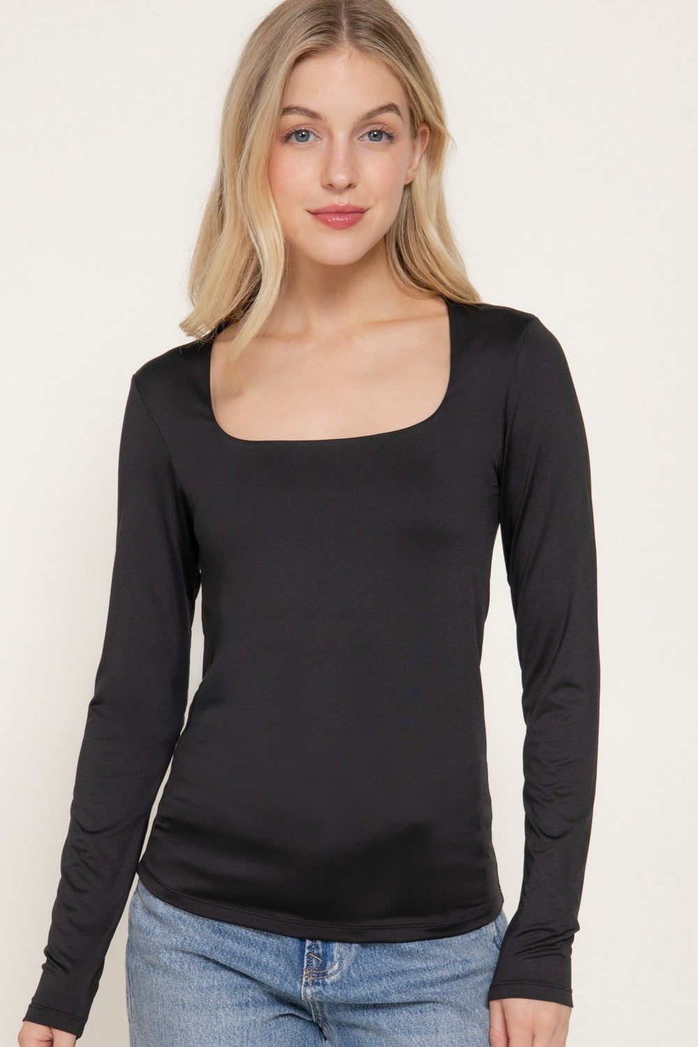 Long Slv Square Neck Double Layered Ity Knit Top