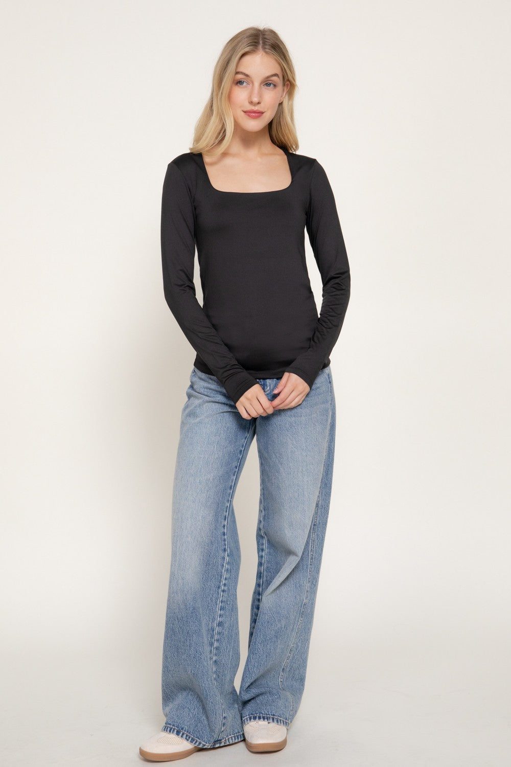 Long Slv Square Neck Double Layered Ity Knit Top