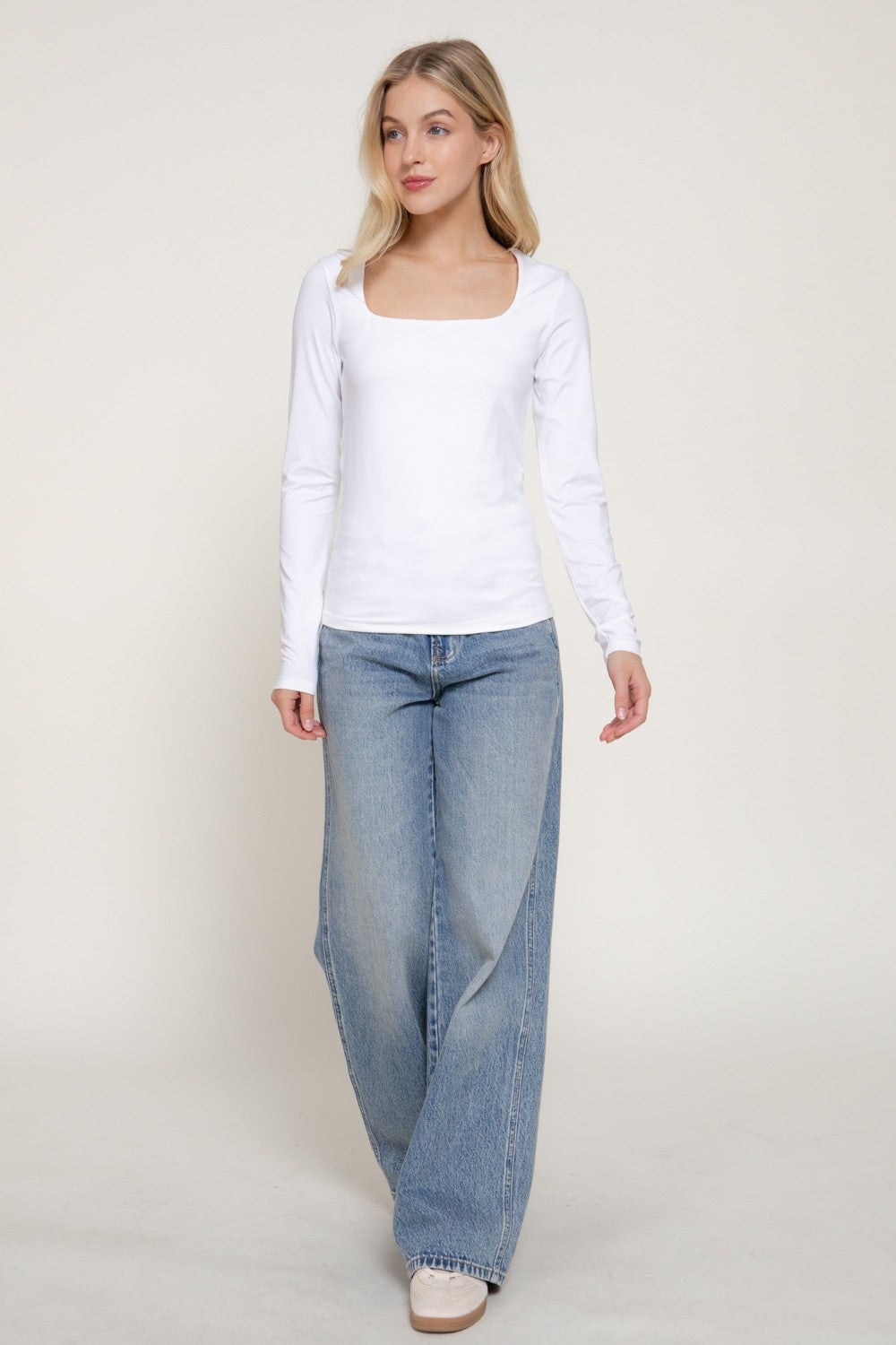 Long Slv Square Neck Double Layered Ity Knit Top