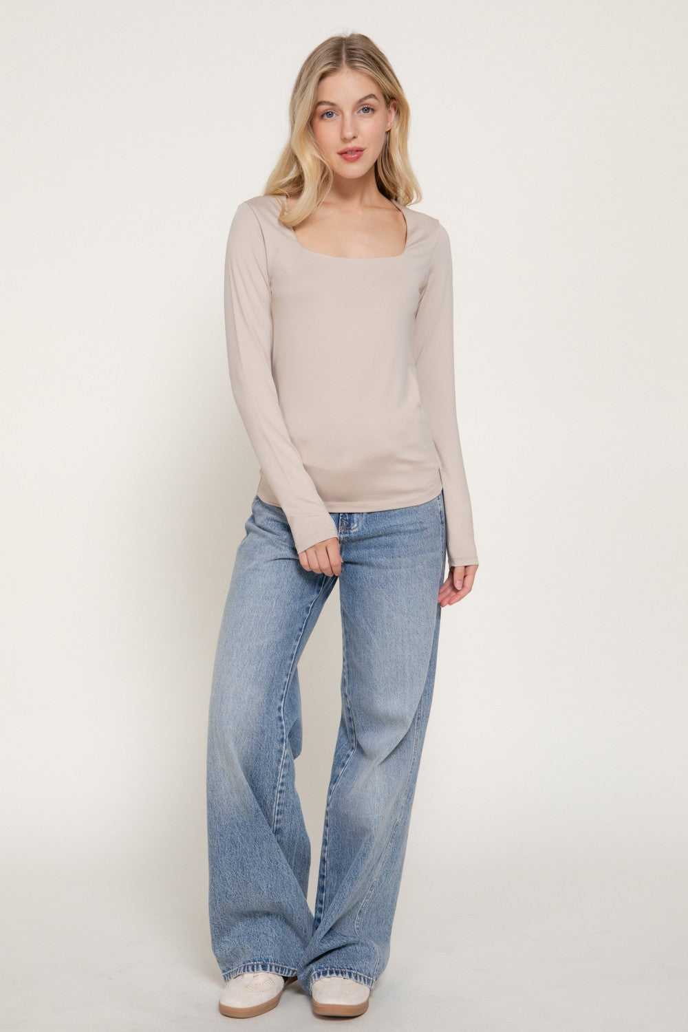 Long Slv Square Neck Double Layered Ity Knit Top