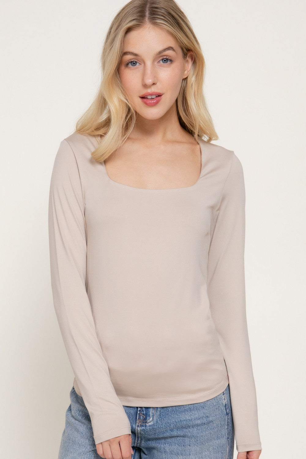 Long Slv Square Neck Double Layered Ity Knit Top
