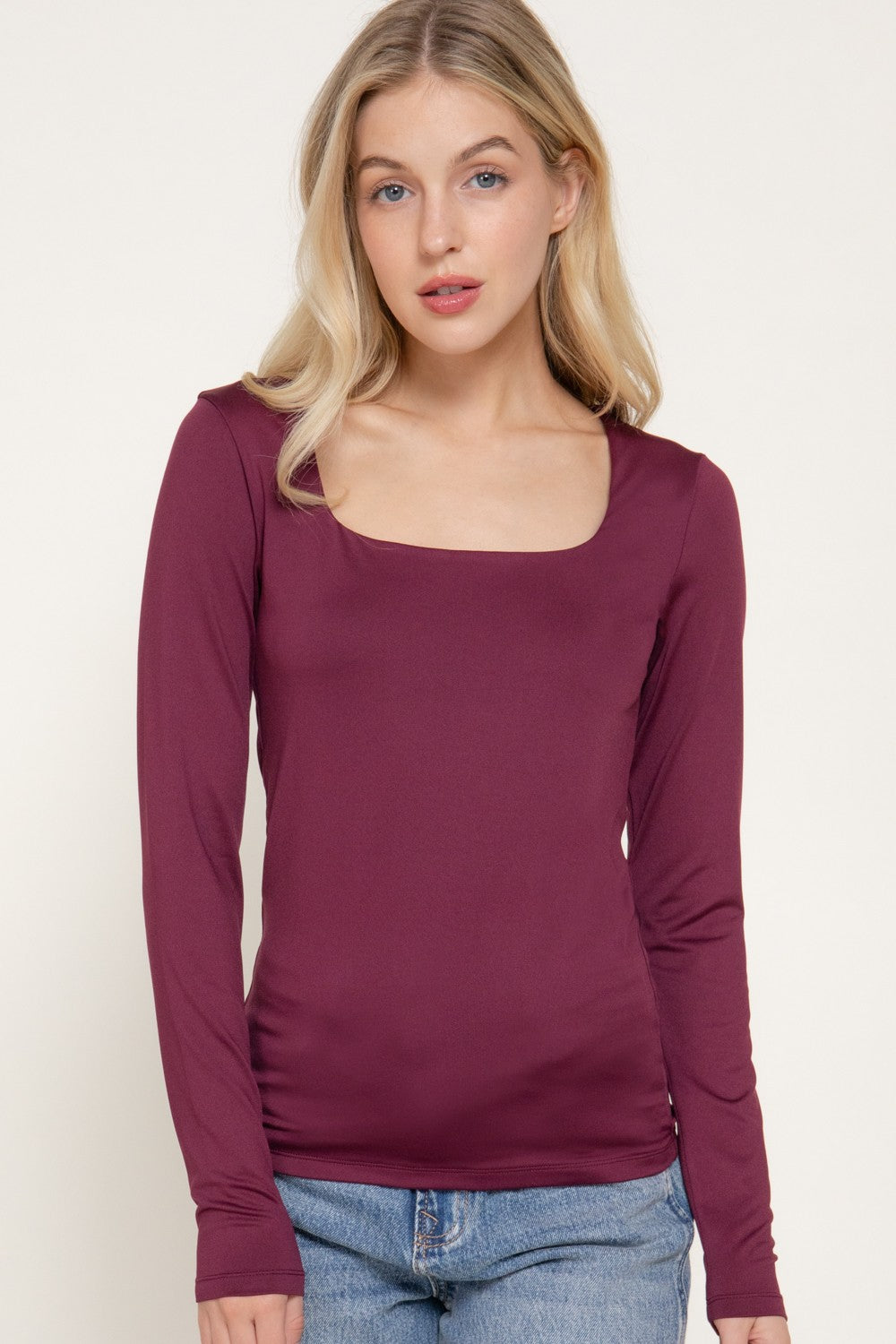 Long Slv Square Neck Double Layered Ity Knit Top