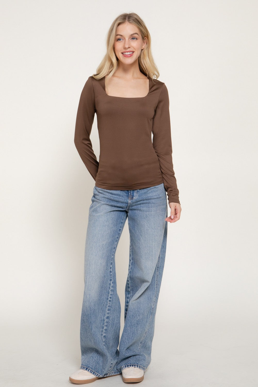 Long Slv Square Neck Double Layered Ity Knit Top