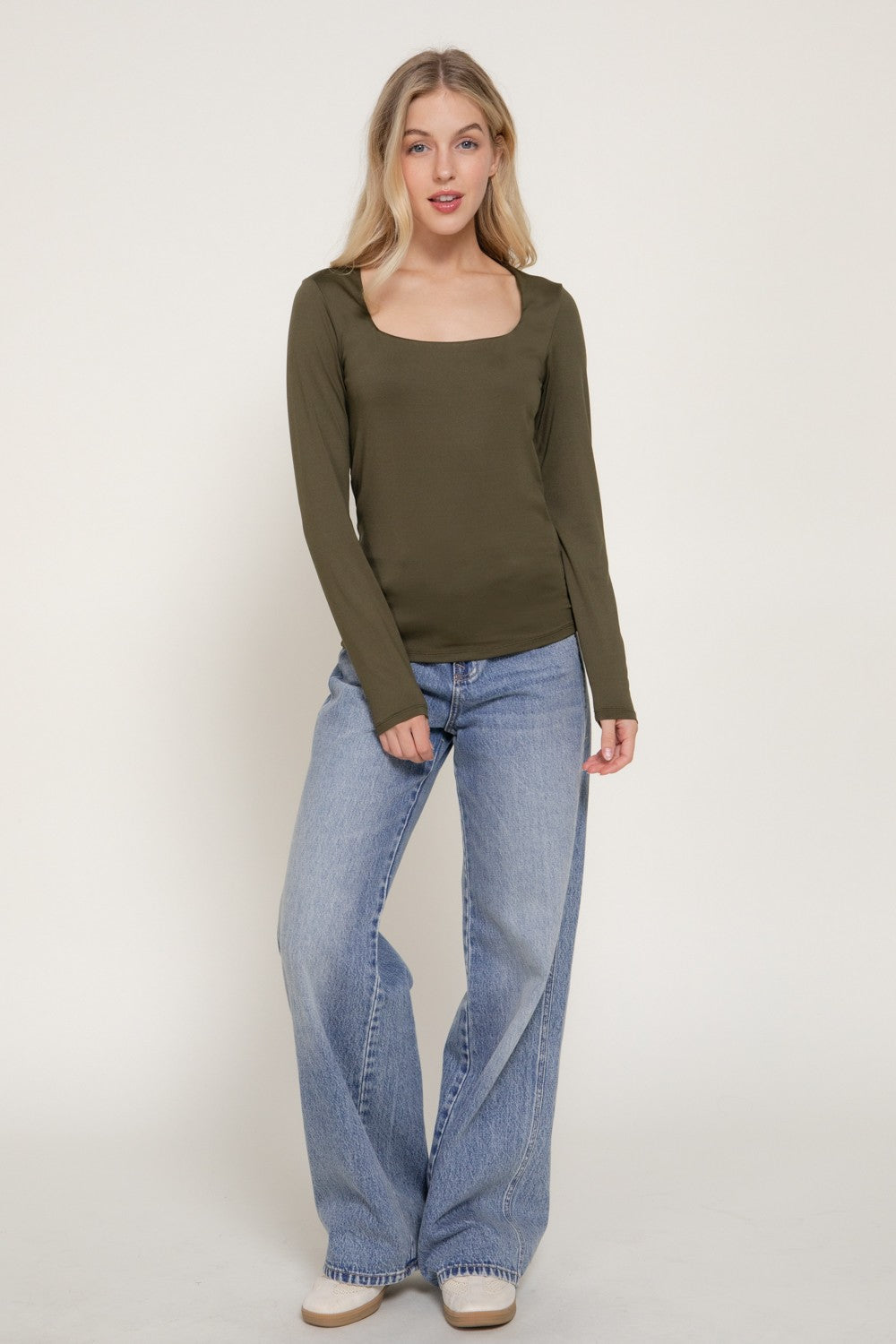 Long Slv Square Neck Double Layered Ity Knit Top