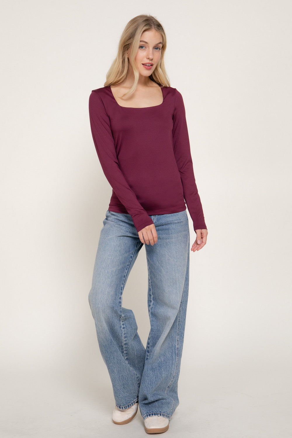 Long Slv Square Neck Double Layered Ity Knit Top