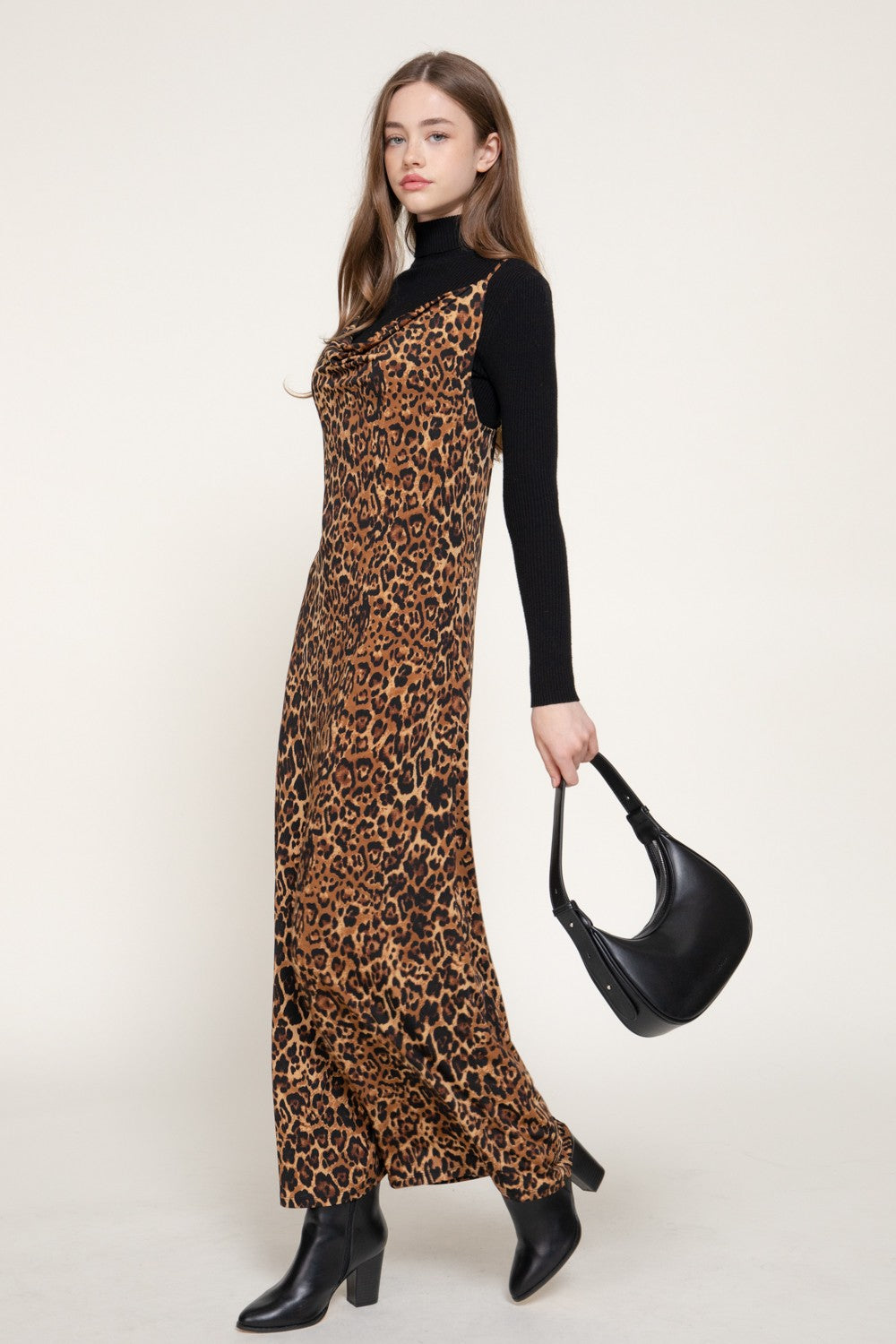 Cowl Neck Leopard Print Cami Slip Dress