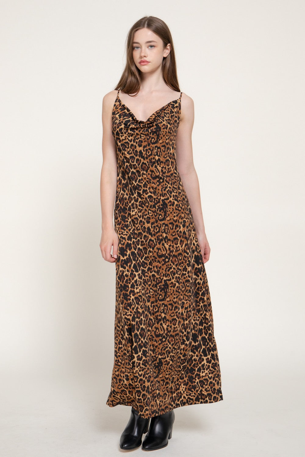 Cowl Neck Leopard Print Cami Slip Dress