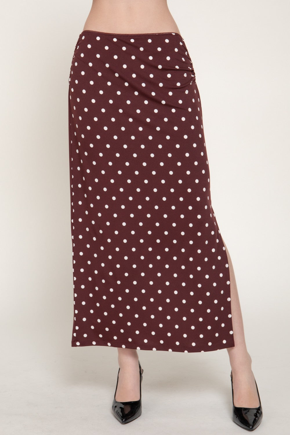 Lace Trim Dot Printed Knit Long Skirt