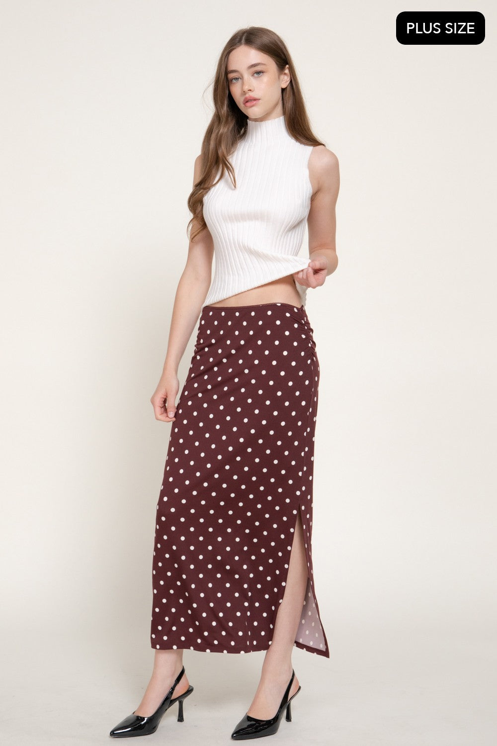 Lace Trim Dot Printed Knit Long Skirt
