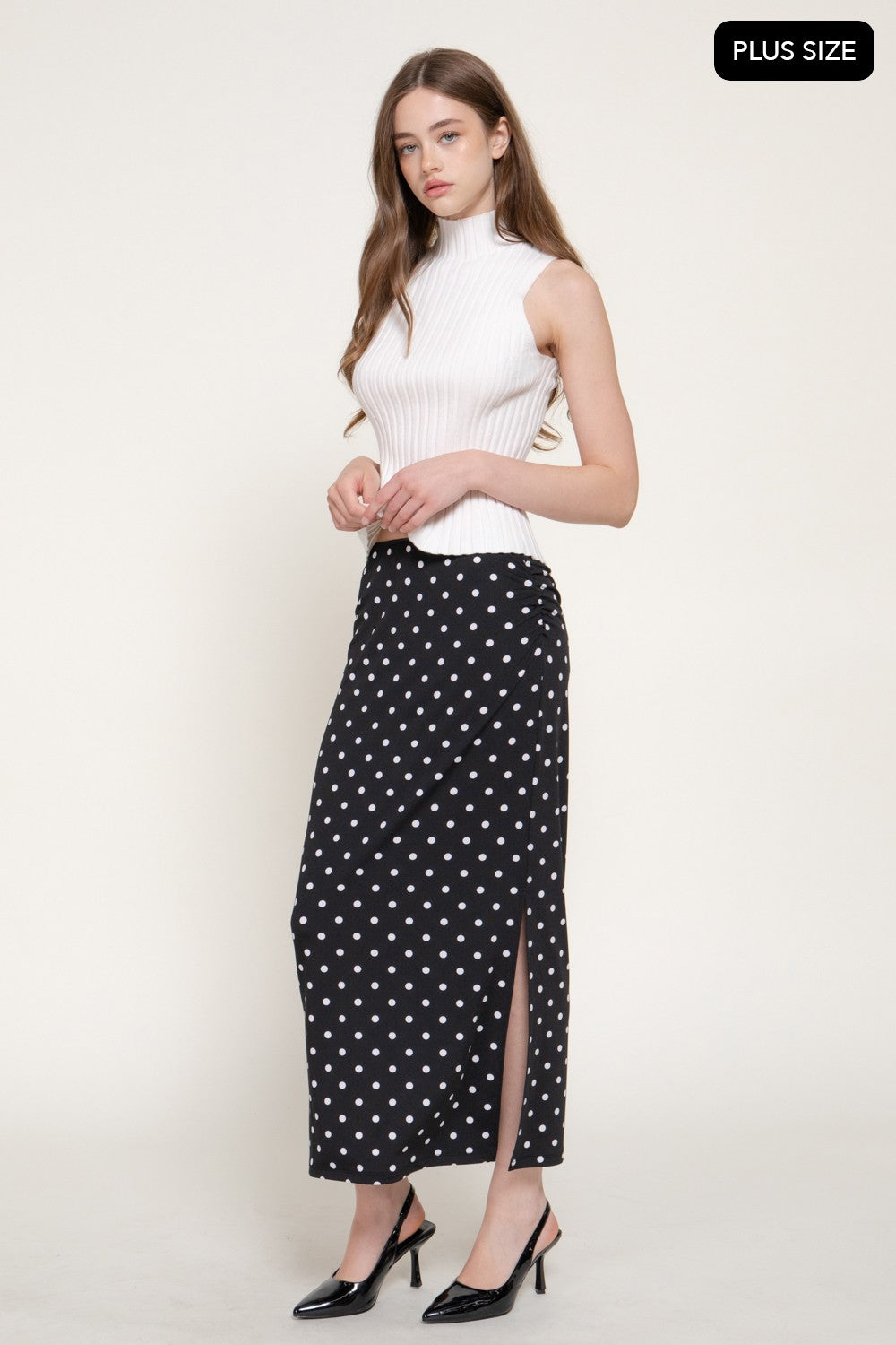 Lace Trim Dot Printed Knit Long Skirt