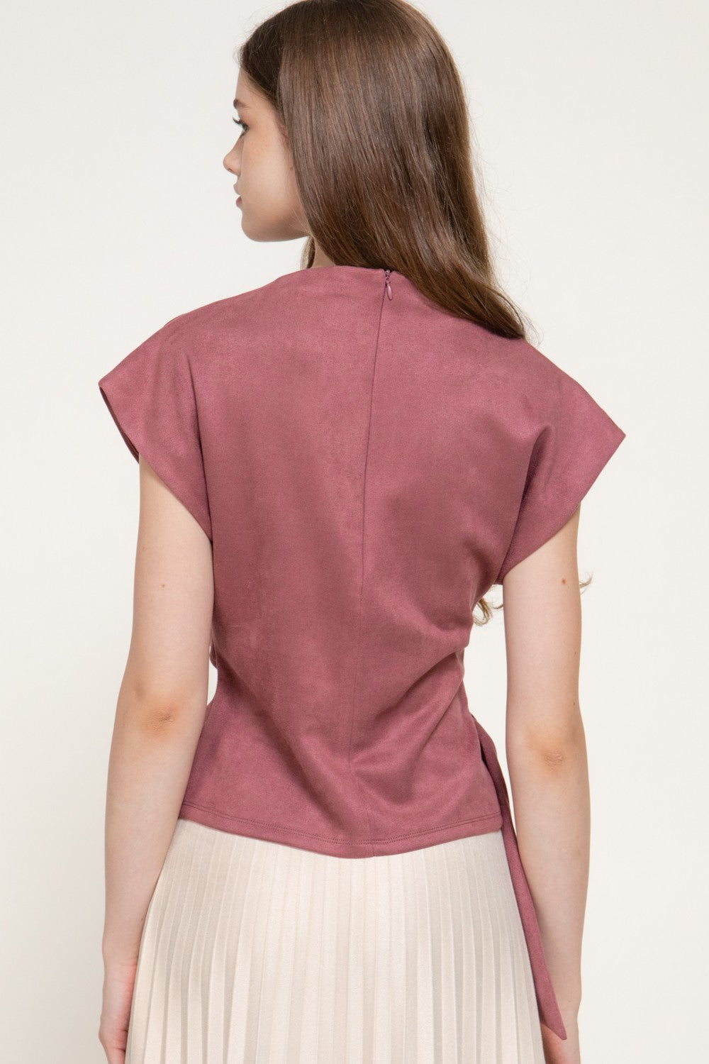 Short Slv High Neck Faux Suede Top