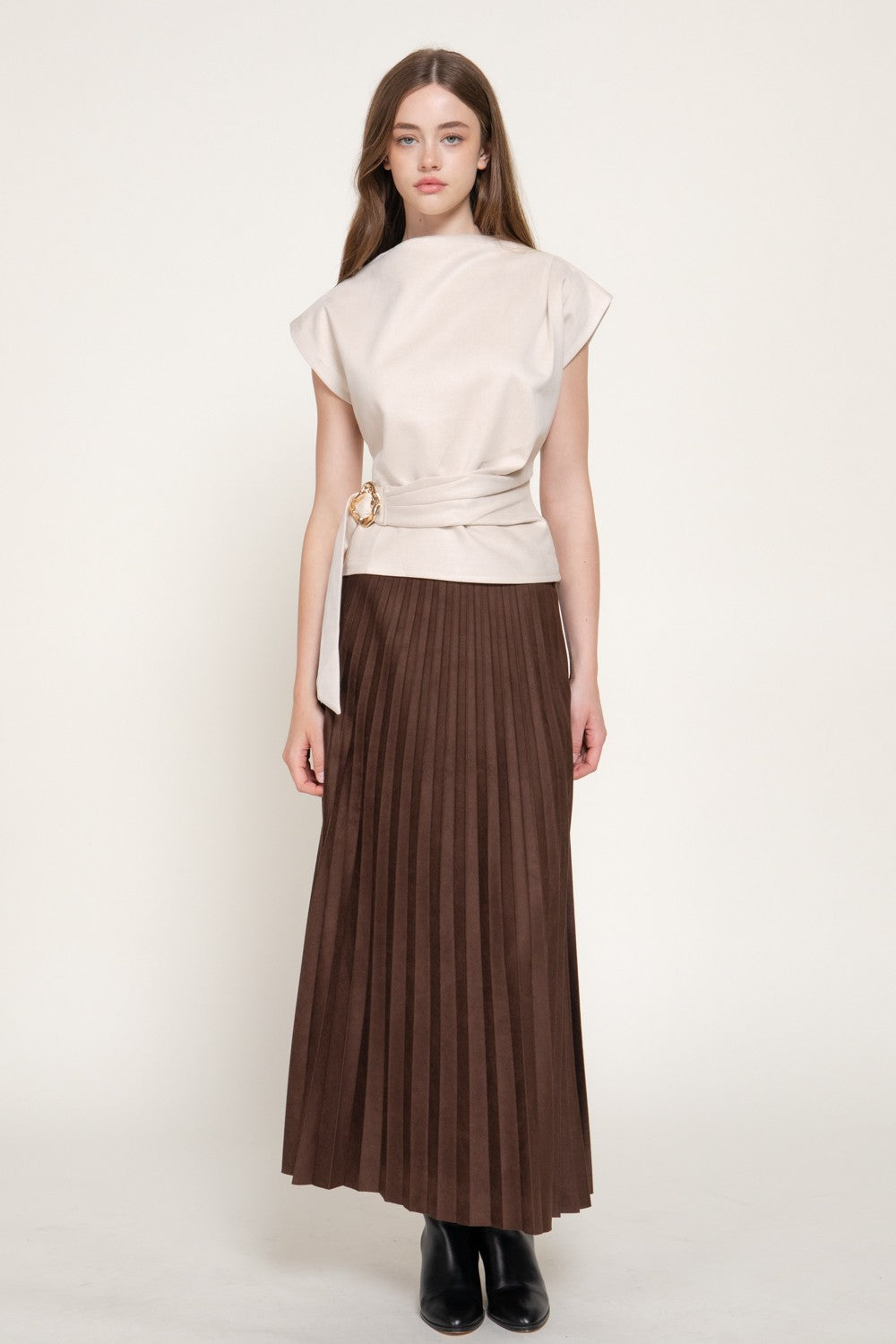 Short Slv High Neck Faux Suede Top