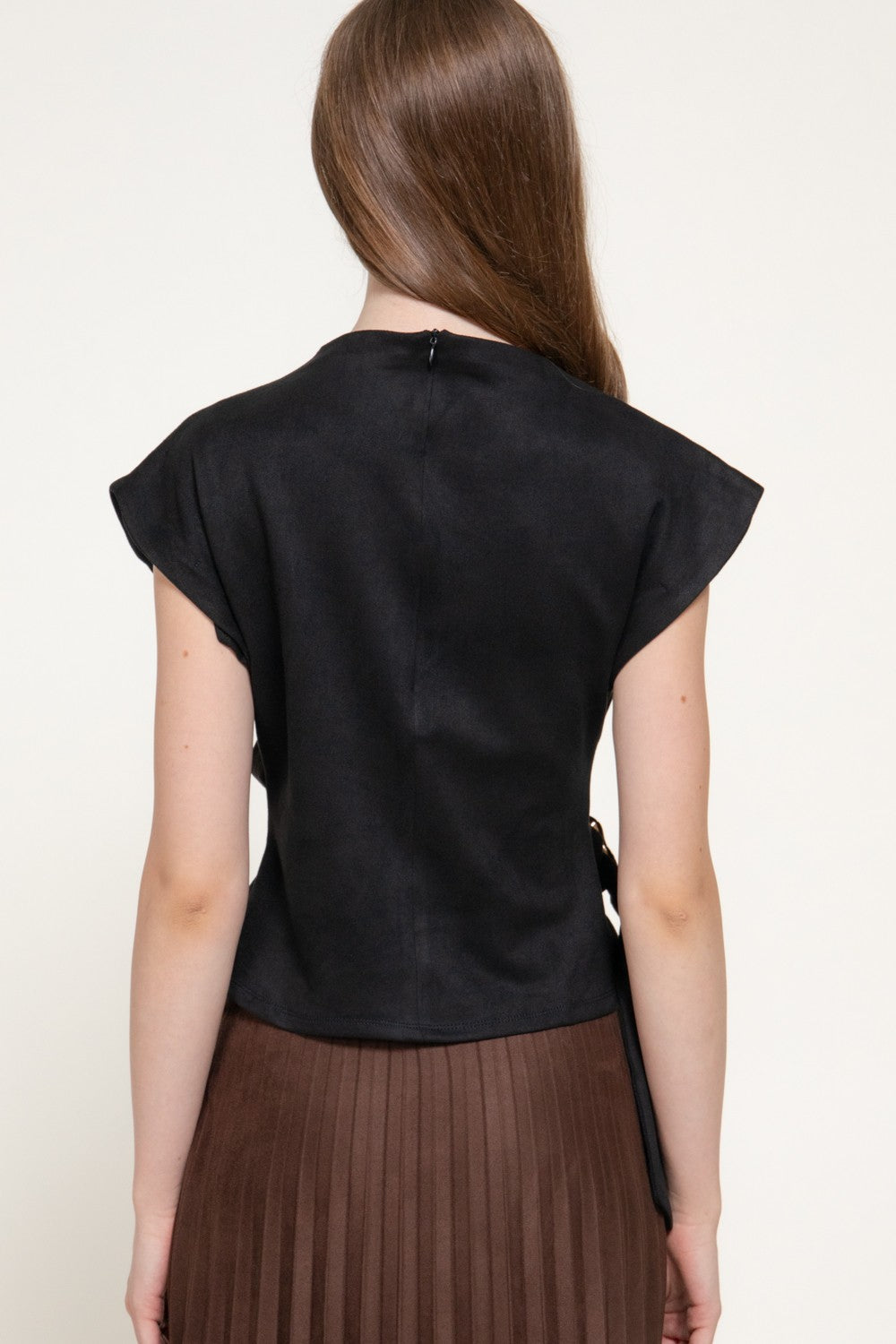 Short Slv High Neck Faux Suede Top