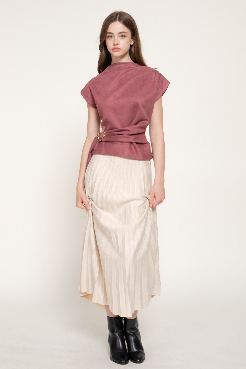 Short Slv High Neck Faux Suede Top