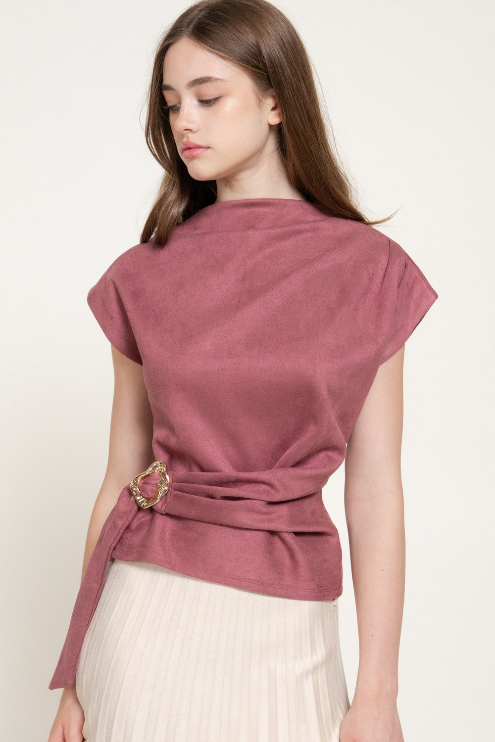 Short Slv High Neck Faux Suede Top