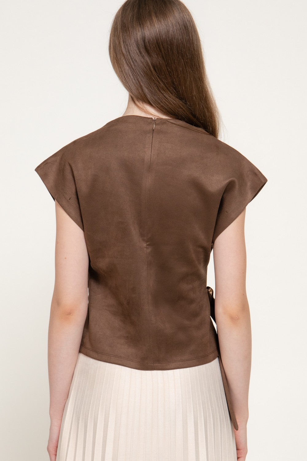 Short Slv High Neck Faux Suede Top