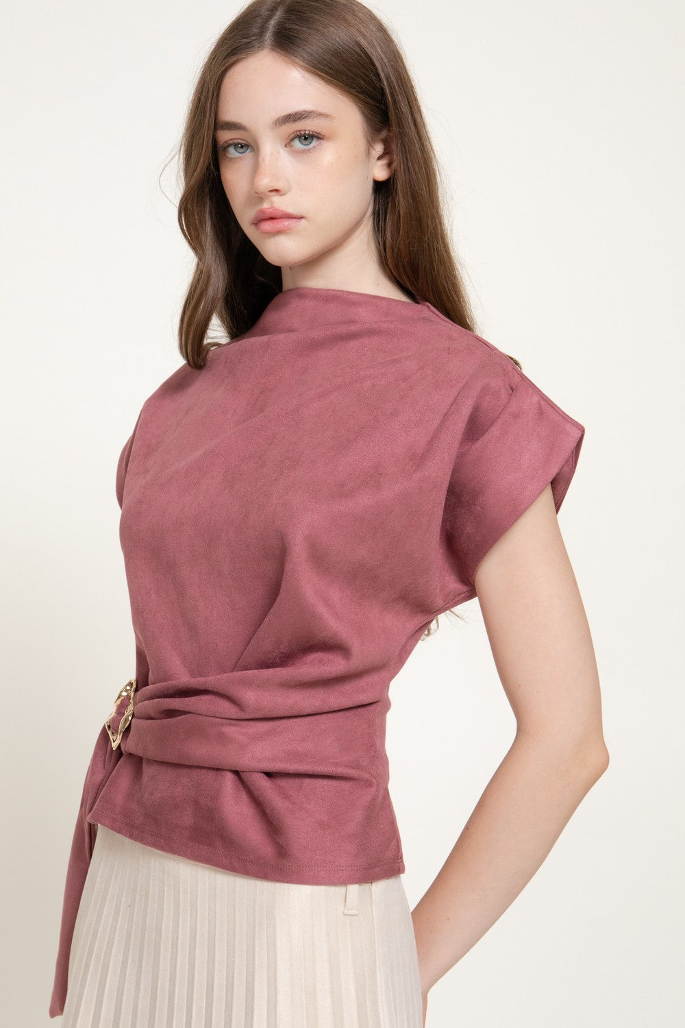 Short Slv High Neck Faux Suede Top