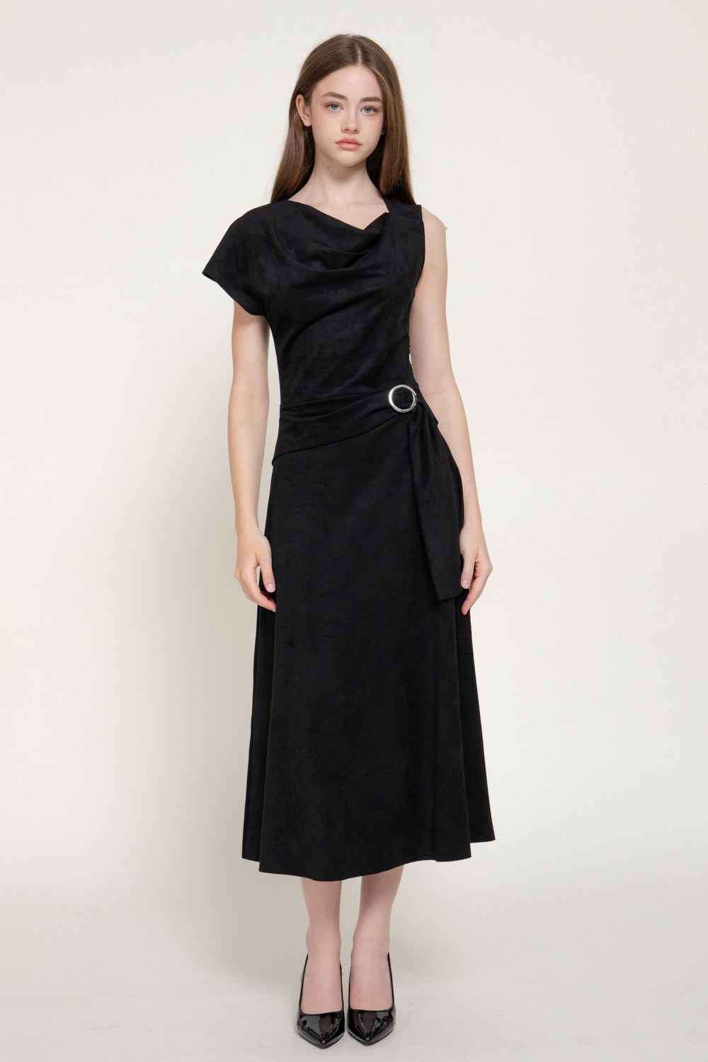 Asymmetrical Slv Belt Faux Suede Long Dress
