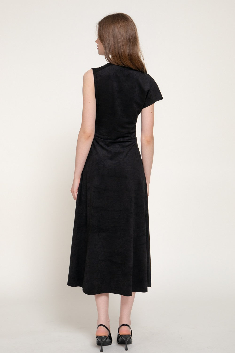Asymmetrical Slv Belt Faux Suede Long Dress