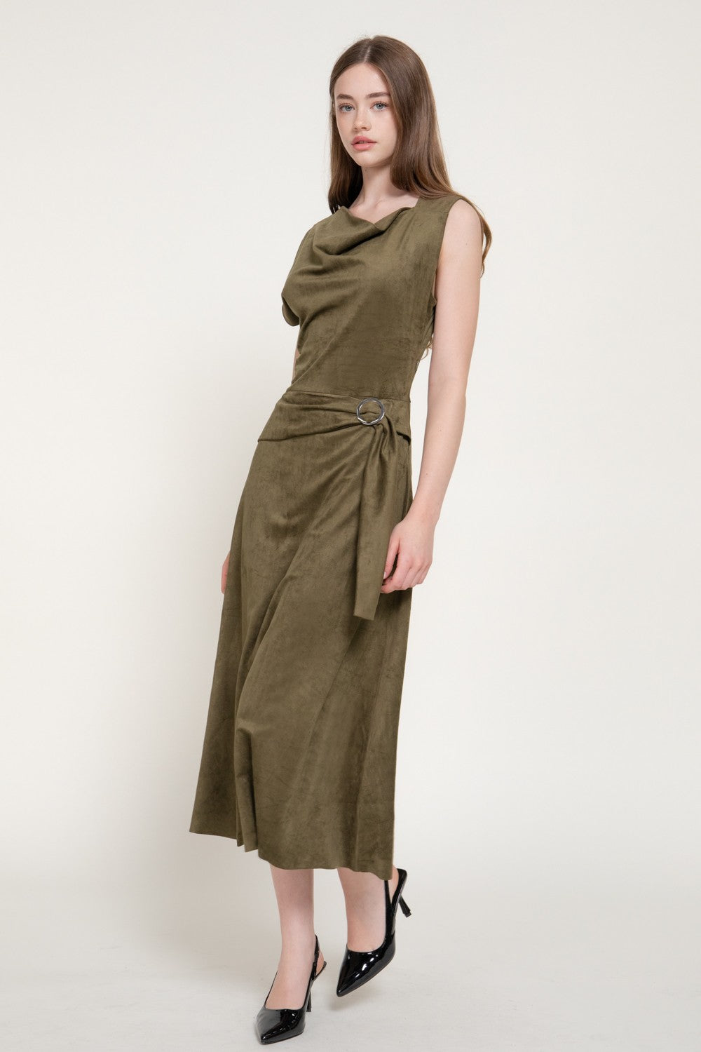 Asymmetrical Slv Belt Faux Suede Long Dress
