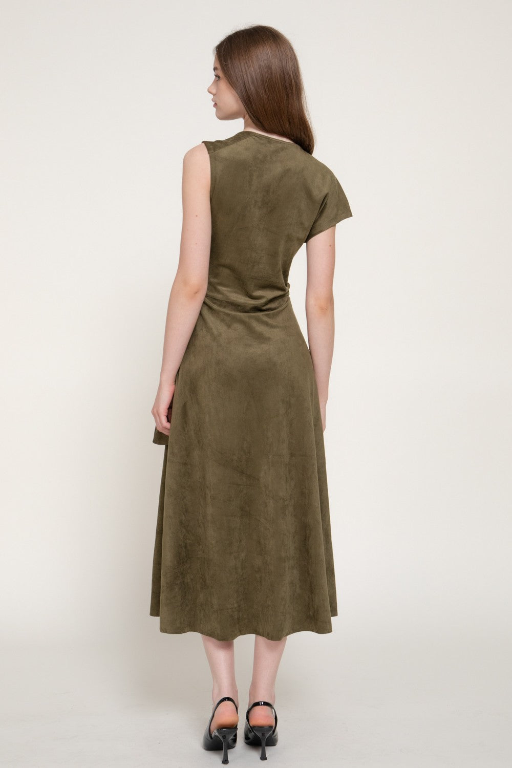 Asymmetrical Slv Belt Faux Suede Long Dress